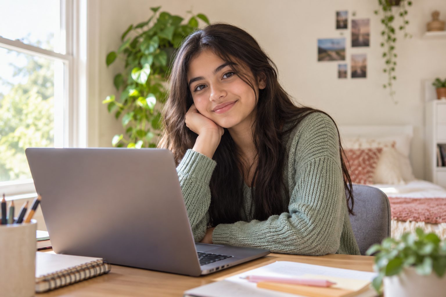 A teenage girl smiling at her desk at home with a laptop