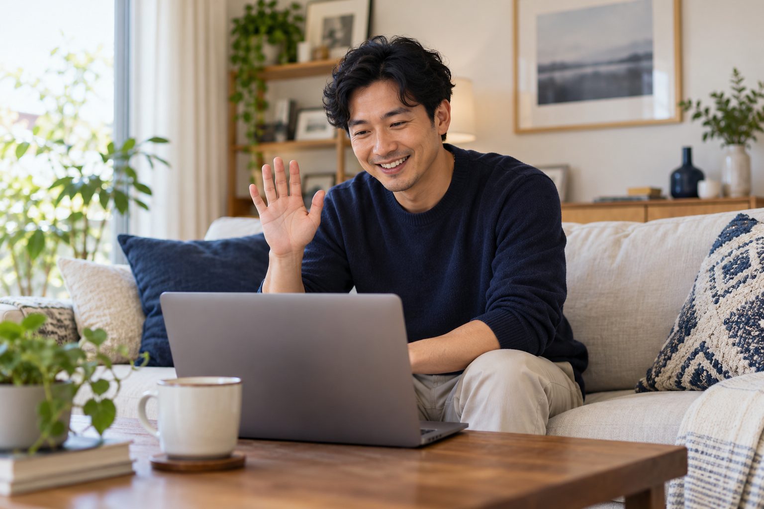 A man smiling and waving during a video visit on his laptop at home