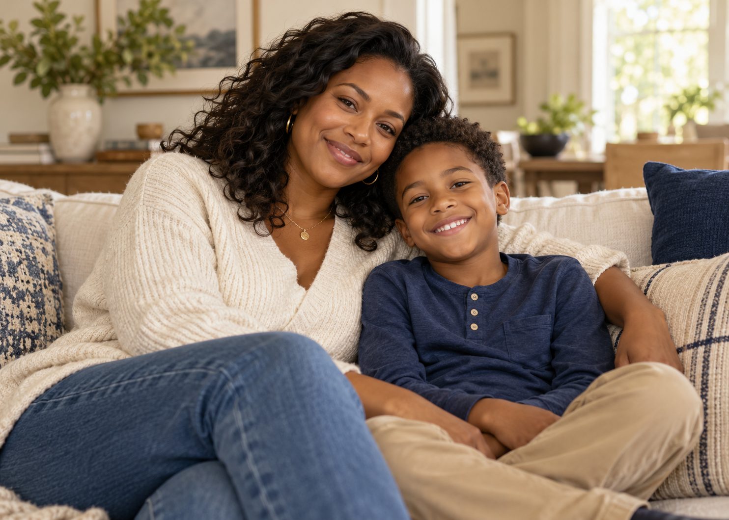 A mother and her young son smiling together on a sofa at home
